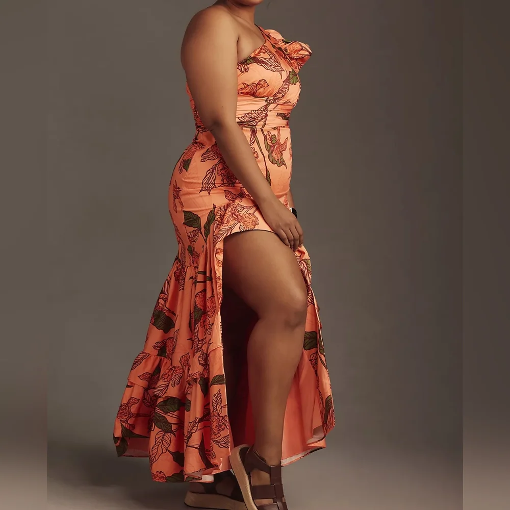 ANTHROPOLOGIE Hutch NWT Floral One-Shoulder Ruffle Maxi Dress Orange Botanical - Picture 3 of 9